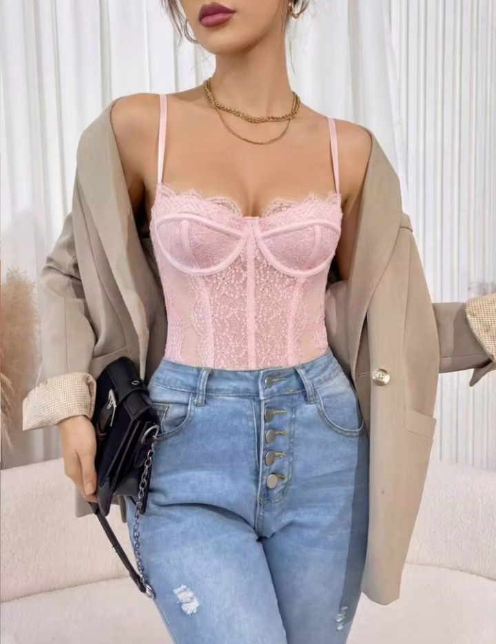 Women’s Burgundy Lace Bustier Bodysuit – Floral Lace Corset Style Camisole Top